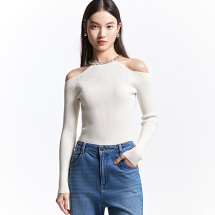 v区绫致Vero Moda针织衫25早春挂脖链条露肩修身显瘦针织衫百搭