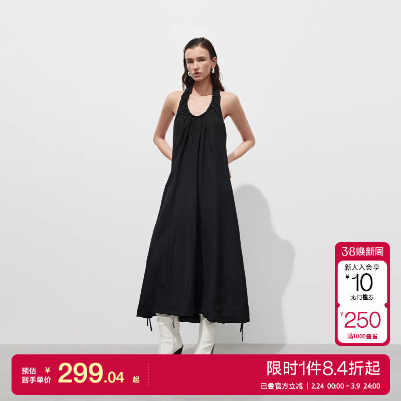 绫致ONLY25春优雅露背挂脖U领褶皱绑带纯色宽松长裙连衣裙女