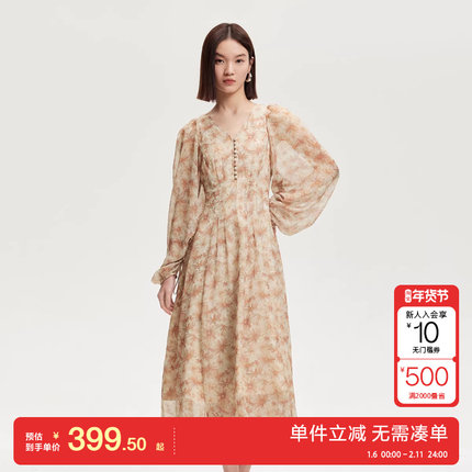 绫致Vero Moda连衣裙2025夏季新款v领印花设计抽绳袖口长裙