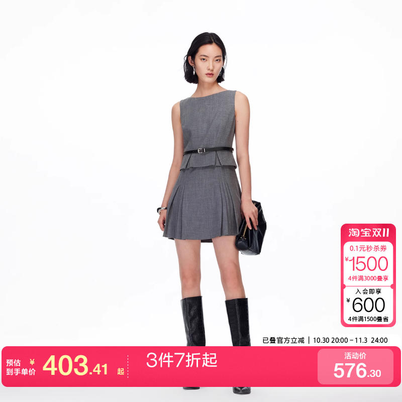 m区绫致Vero Moda连衣裙25秋冬圆领腰带设计百褶无袖短裙优雅减龄