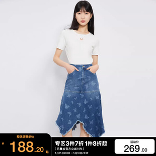 t区绫致Vero 半身裙2024春夏女人高腰显瘦蝴蝶印花牛仔裙 Moda