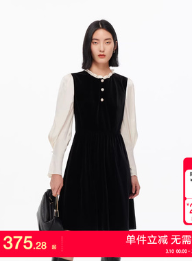 绫致Vero Moda连衣裙2025秋冬新款木耳领珍珠排扣A字丝绒裙
