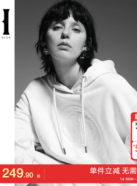 绫致Season High春季新款连帽罗纹胸前刺绣纯色短款卫衣女装