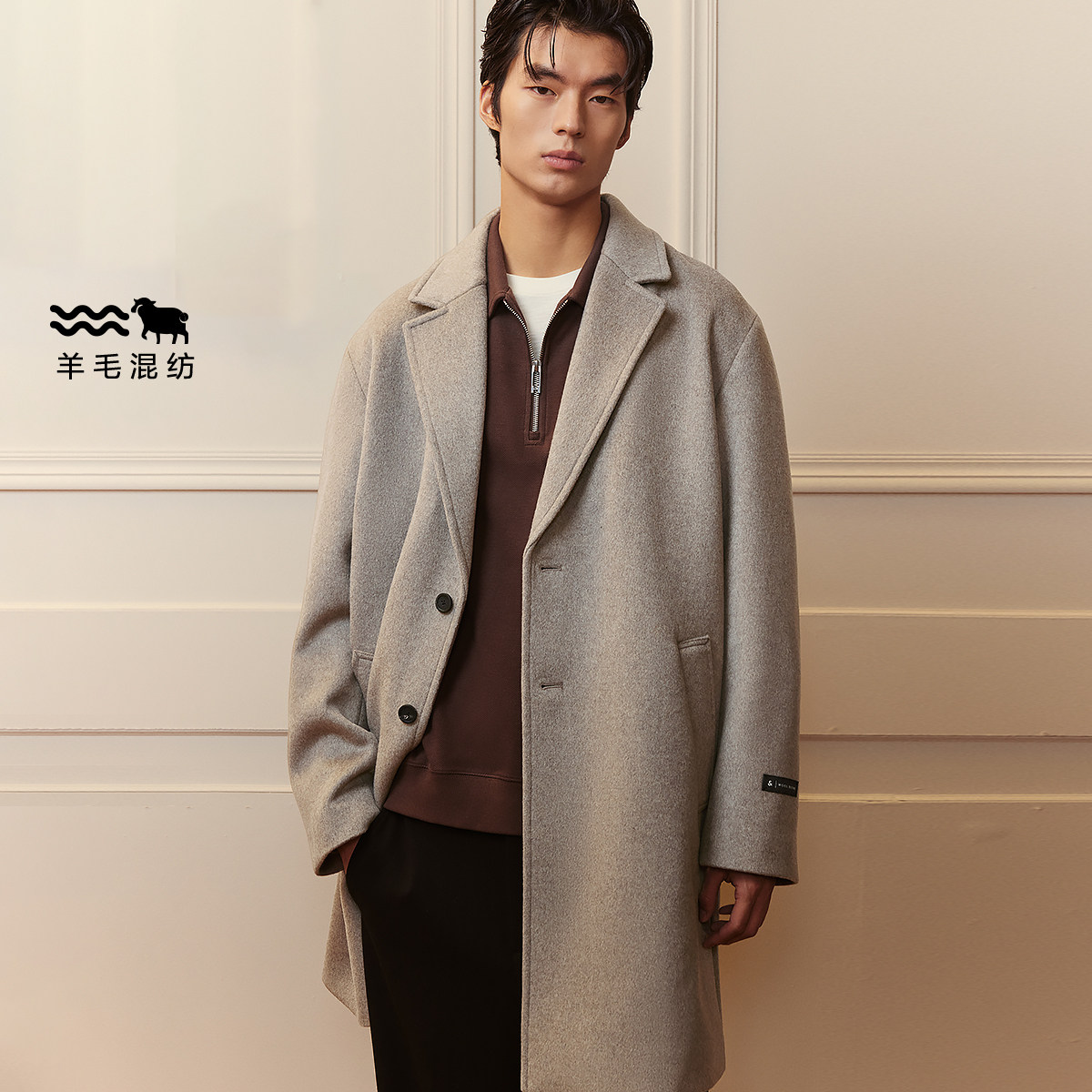 绫致杰克琼斯毛呢大衣保暖外套宽松纽扣门襟双侧插袋百搭男