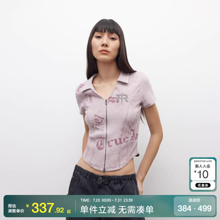 短款 绫致ONLY2025春季 印花水洗V领显瘦正肩修身 新款 T恤女 做旧美式