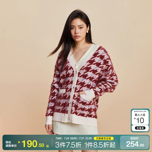tq区绫致ONLY2024秋冬季 女潮 气质百搭千鸟格宽松V领开衫 针织衫
