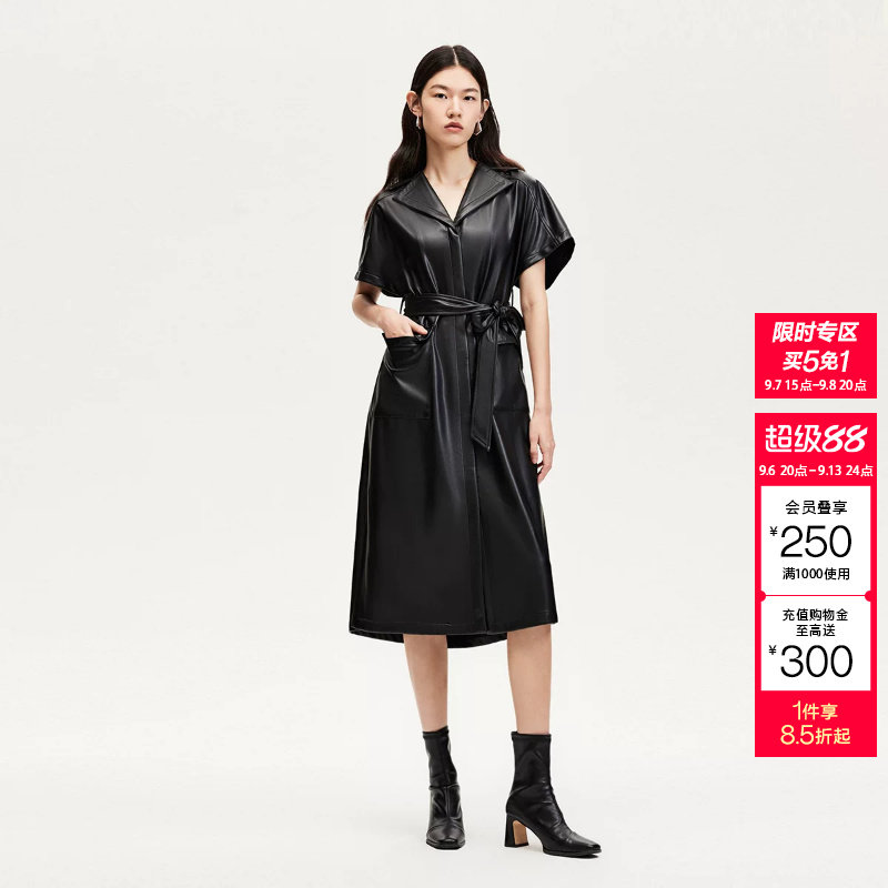 [买5免1]绫致CoutureMade连衣裙女冬磁吸扣翻领系带PU仿皮长裙图片