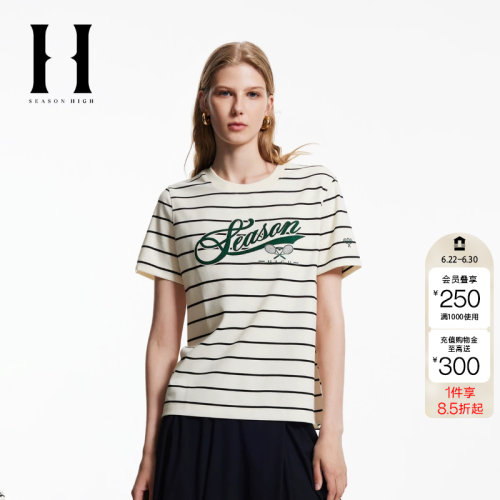 绫致SEASON HIGH秋季常规圆领肌理感字母贴布装饰T恤女装