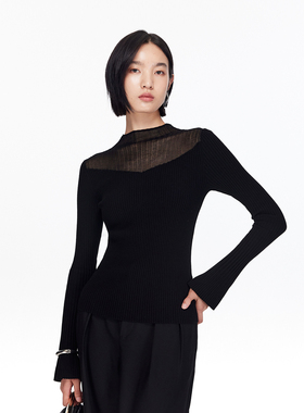 vq区绫致Vero Moda针织衫25秋冬肩膀微透喇叭袖修身上衣优雅精致