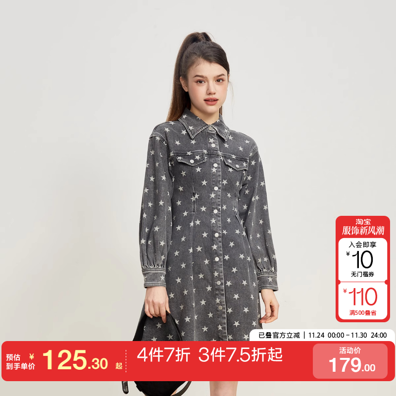 印短款牛仔衬衫连衣裙女