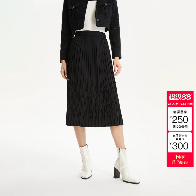 t区绫致CoutureMade半身裙秋冬高腰A摆设计感百褶裙简约图片