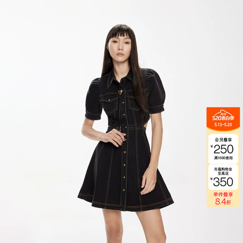ONLY翻领泡泡袖短裙牛仔连衣裙