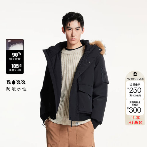 杰克琼斯连帽可拆卸毛领羽绒服