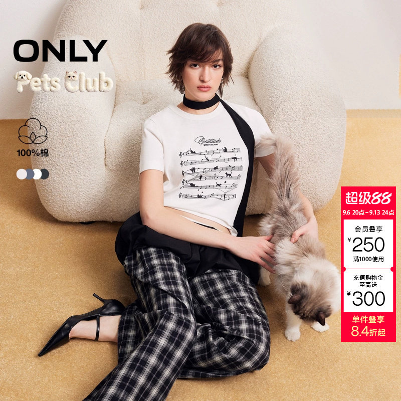 绫致ONLY2026新款音符猫咪印花设计包边圆领短袖T恤