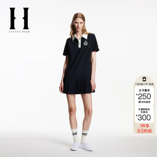 绫致SEASON HIGH秋季翻领撞色领口刺绣图案装饰连衣裙女装
