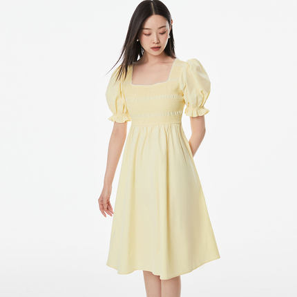 tq区绫致Vero Moda连衣裙25春夏方领泡泡袖收腰中长款时尚百搭潮