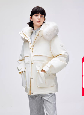 绫致ONLY2025冬季新款白鹅绒可拆卸毛领连帽派克羽绒服女