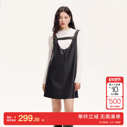 绫致Vero Moda连衣裙女秋冬新仿皮吊带连衣裙小黑裙休闲百搭