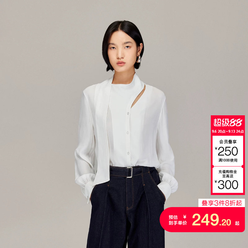 vq区绫致Vero Moda衬衫秋冬不对称领口异形领带白衬衫时尚通勤图片