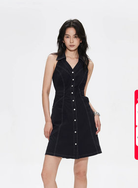 绫致ONLY夏季新款V字翻领挂脖高腰露背牛仔连衣裙女