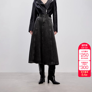 绫致ONLY秋冬新款 皮革腰头拼接设计牛仔裙伞裙半身裙女