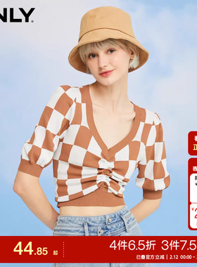 tq区绫致ONLY25春夏小心机V领薄款格子抽绳短款针织衫女时尚
