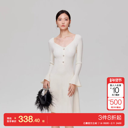 v区绫致Vero Moda连衣裙2025秋冬喇叭袖口收腰修身A字针织裙优雅