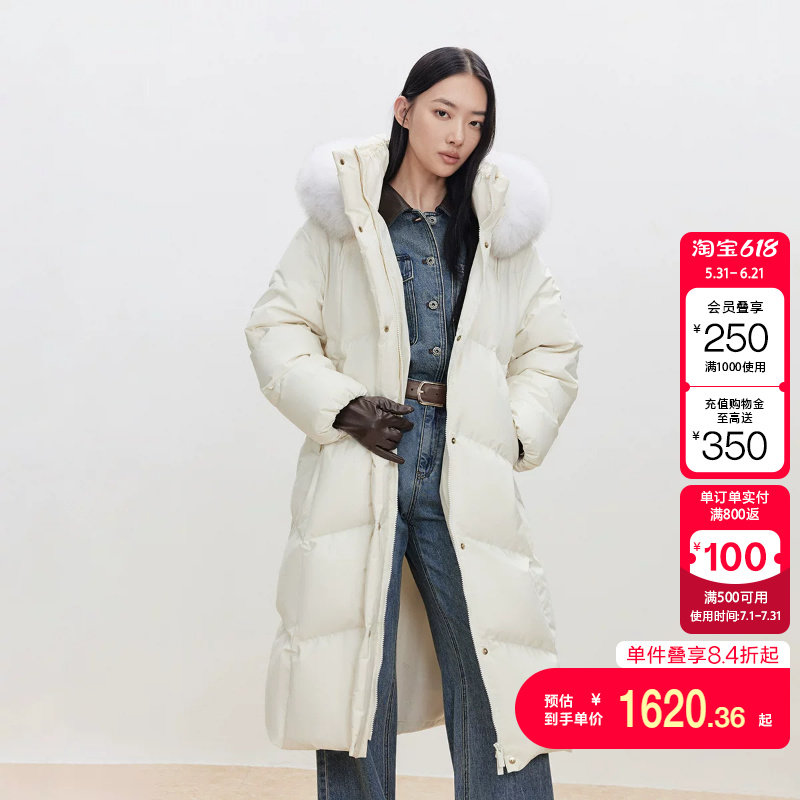 绫致ONLY冬季新款90白鹅绒可拆卸狐狸大毛领羽绒服女
