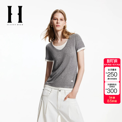 绫致SEASON HIGH秋季常规版型假两件设计立体字母T恤女装
