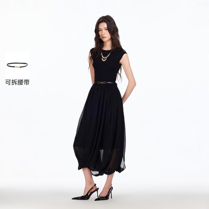 绫致Vero Moda连衣裙2026春季新款拼接可拆腰带圆领无袖中长裙