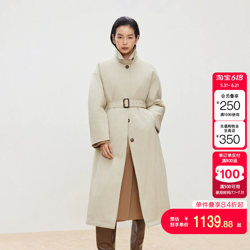 绫致ONLY冬季新款两穿翻领90白鸭绒长款风衣式羽绒服女