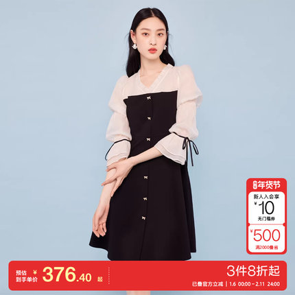 v区绫致Vero Moda连衣裙2025夏季新款撞色拼接小V领七分袖短裙