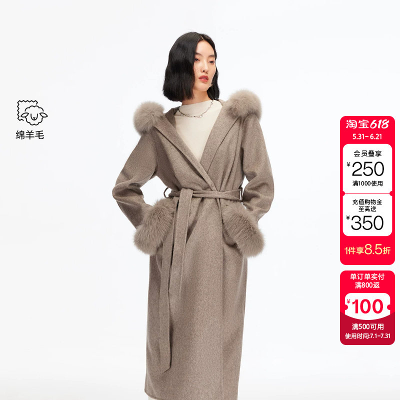 绫致Vero Moda毛呢大衣纯绵羊毛狐狸毛领袖口外套