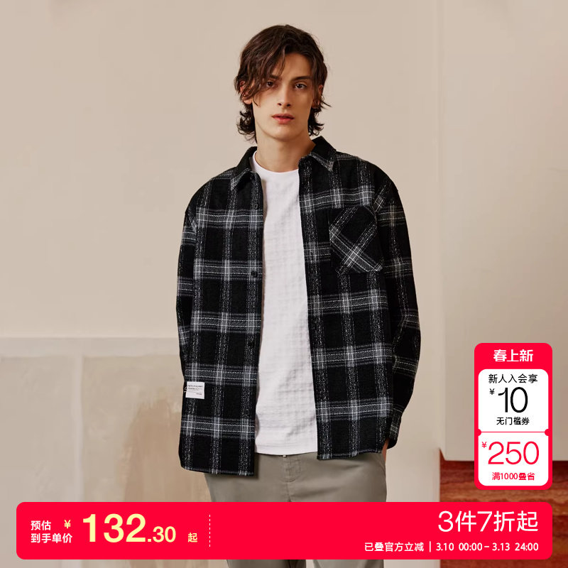 t区绫致杰克琼斯春夏男商务休闲宽松经典黑白格子衬衫外套上衣潮