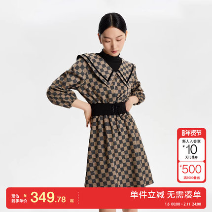 绫致Vero Moda连衣裙25春夏收腰翻领格纹七分袖假两件休闲