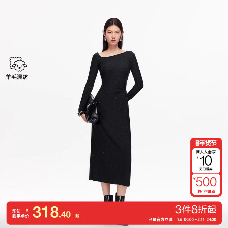 v区绫致Vero Moda连衣裙25冬含绵羊毛亮片钉珠不规则领口针织裙,女装/女士精品,连衣裙,淘宝优惠券,粉丝福利购,淘宝优惠卷