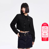 绫致ONLY25春夏新拼接设计可拆卸领带翻领短款 女潮 雪纺衫