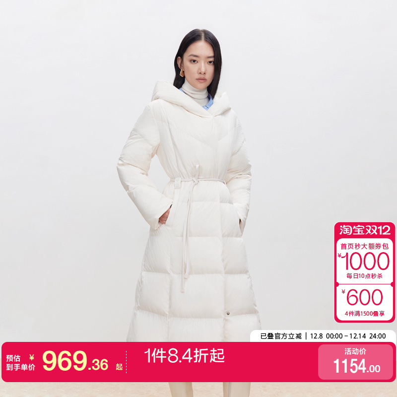 绫致ONLY2025冬季新款90白鸭绒纯色连帽宽松长款羽绒服女