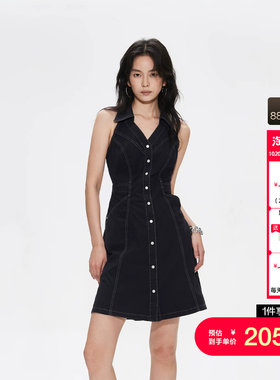 绫致ONLY秋冬新款V字翻领挂脖高腰露背牛仔连衣裙女