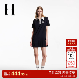 绫致SEASON HIGH秋季翻领撞色领口刺绣图案装饰连衣裙女装