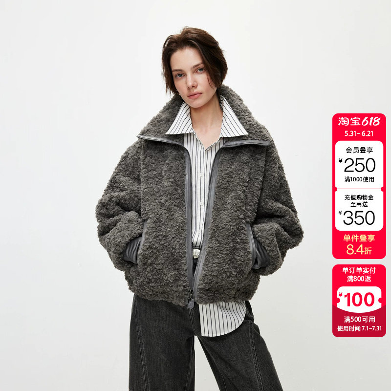 绫致ONLY2026春季新款PU包边仿羊羔毛仿皮草两穿领型棉衣棉服女