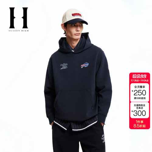 绫致SEASON HIGH男装NEL联名款比尔队春季新款宽松连帽套头卫衣