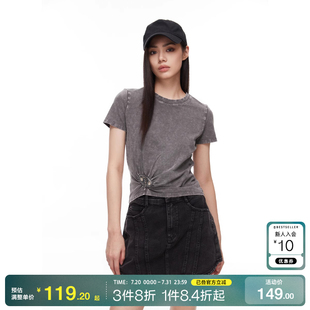 新 修身 o区 绫致ONLY25春夏时尚 T恤女潮 圆领做旧正肩短款 短袖