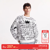 k区绫致杰克琼斯男生BSQ联名秋圆领毛衣25年衣身满印针织衫