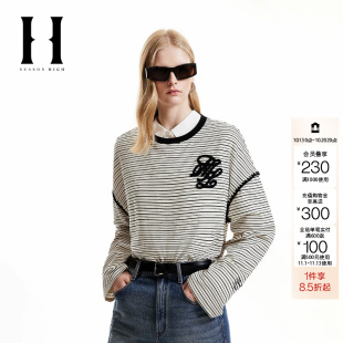 绫致SEASON HIGH女装卫衣上衣罗纹圆领条纹刺绣拼接时尚潮