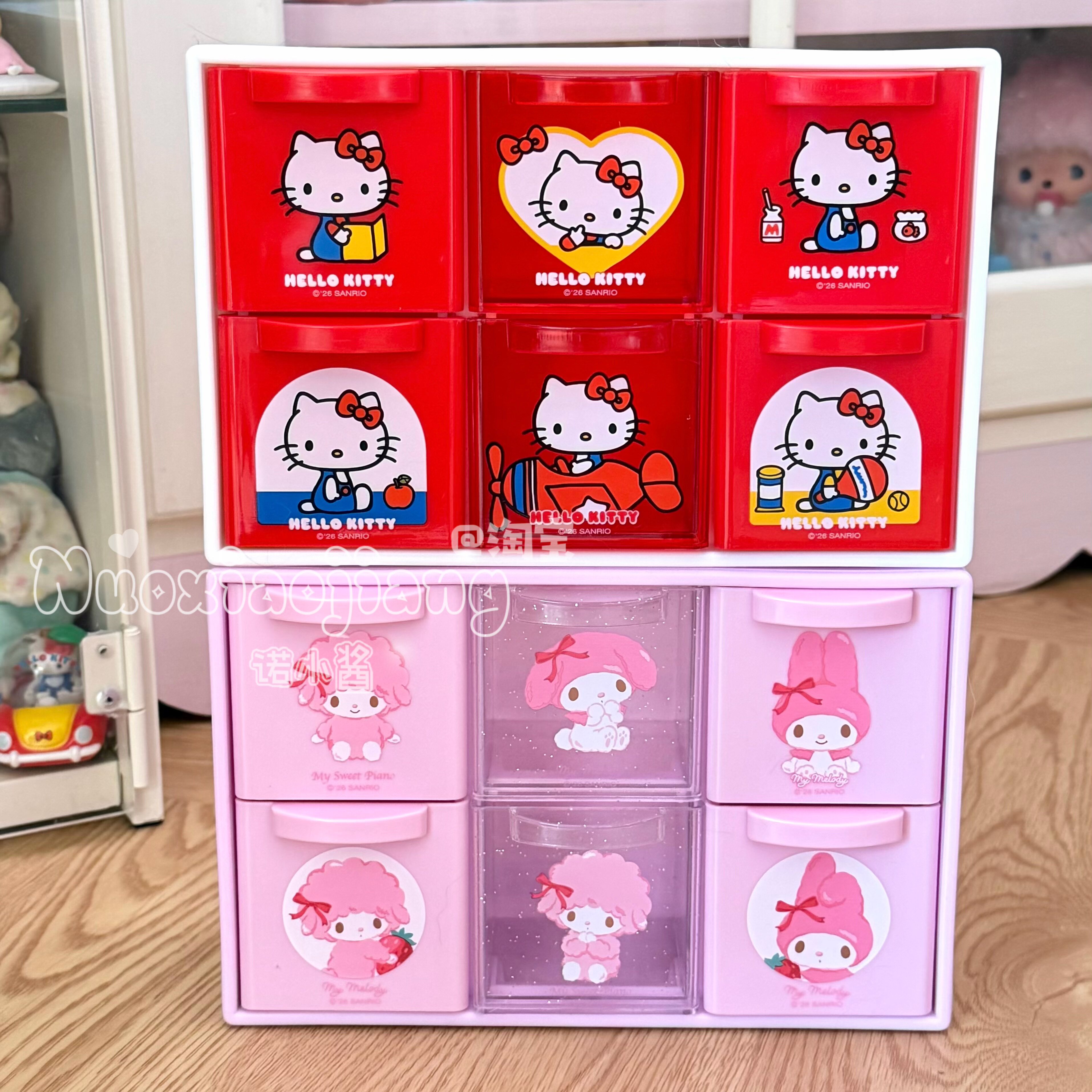 kitty美乐蒂paino闪粉桌面六格抽屉收纳盒迷你饰品柜子首饰分格盒图片