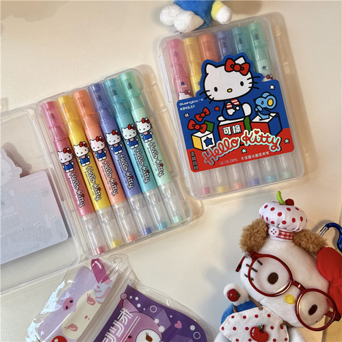 广博HelloKitty可擦荧光笔6支装学生可爱卡通礼盒装重点涂鸦画笔
