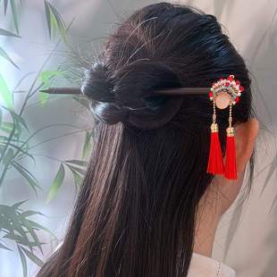 手工古风高级感簪子新中式盘发刀马旦流苏发钗红色流苏步摇头饰