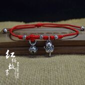 纯银双铃铛会响情侣脚链红绳脚绳女夏季 脚环宫铃招财猫足链男