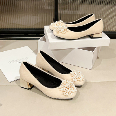 高级气质加绒高跟鞋女2025新款秋冬毛毛鞋不累脚粗跟单鞋中跟婚鞋